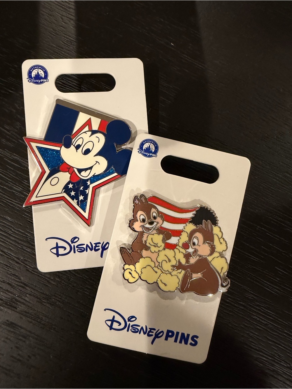Disney Red, White & Blue Mickey Star Pin with Brown Chip 'n' Dale Popcorn Pin